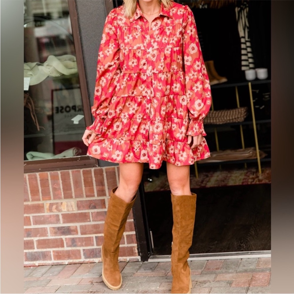 $89 Fantastic Fawn Rust Rita Flouncy Tiered Long Sleeve Floral Tent Dress M